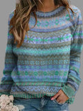 Vintage Blue Round Neck Women's Sweater - Cozy Knit Casual Wear