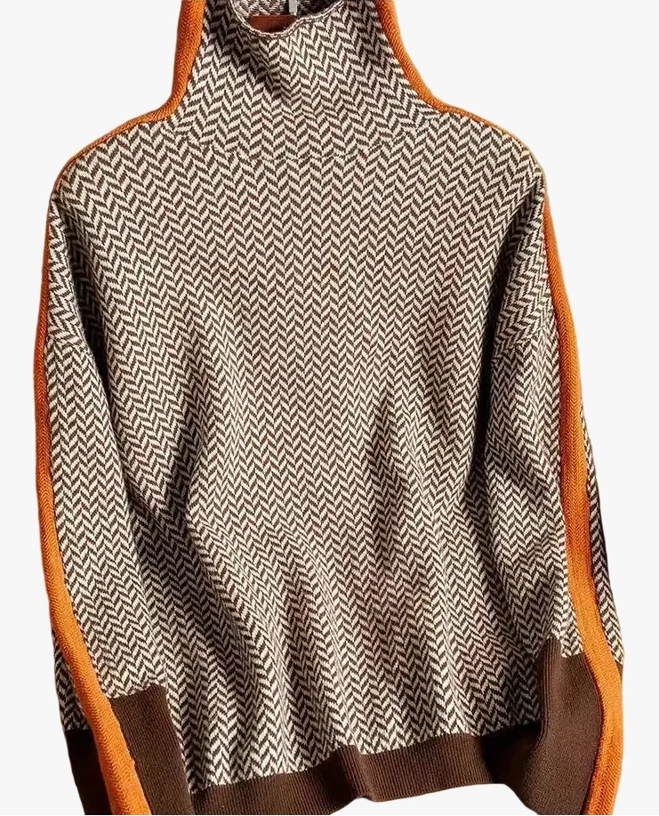 Women's Herringbone Turtleneck Jumper with Striped Sleeves for Casual Wear