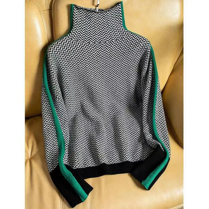 Women's Herringbone Turtleneck Jumper with Striped Sleeves for Casual Wear