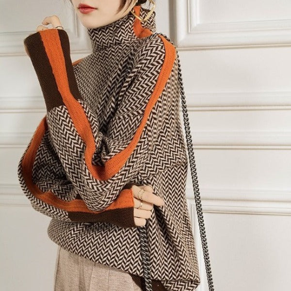 Women's Herringbone Turtleneck Jumper with Striped Sleeves for Casual Wear
