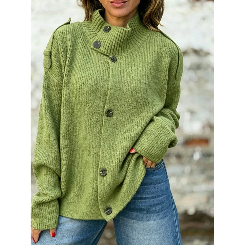 Buttoned Stand-Collar Cardigan for Women - Cozy Knit Layering Piece