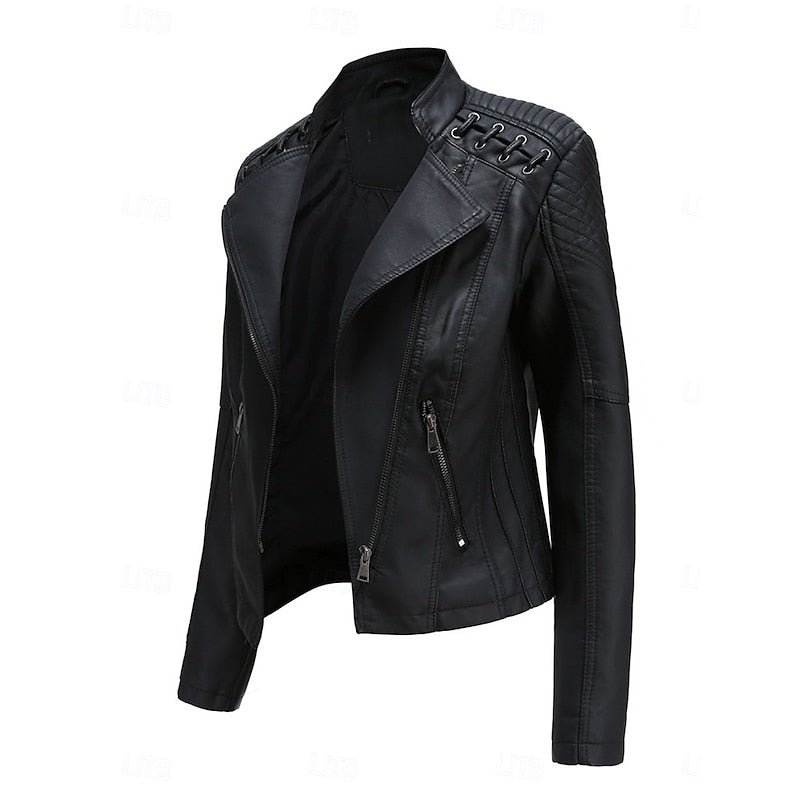 Sleek Faux Leather Biker Jacket for Women - Stylish Casual Outerwear