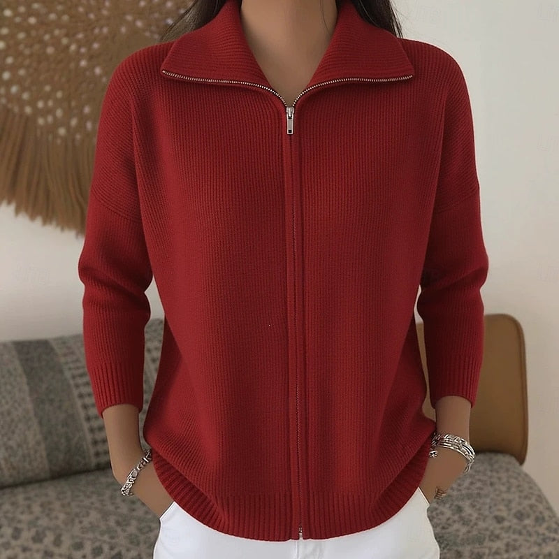 Stand Collar Zip Cardigan - Soft Knit - Women's Casual Outerwear