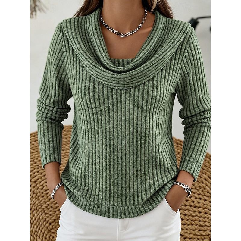 Cowl-Neck Ribbed Knit Top for Women - Casual Wear Sweater