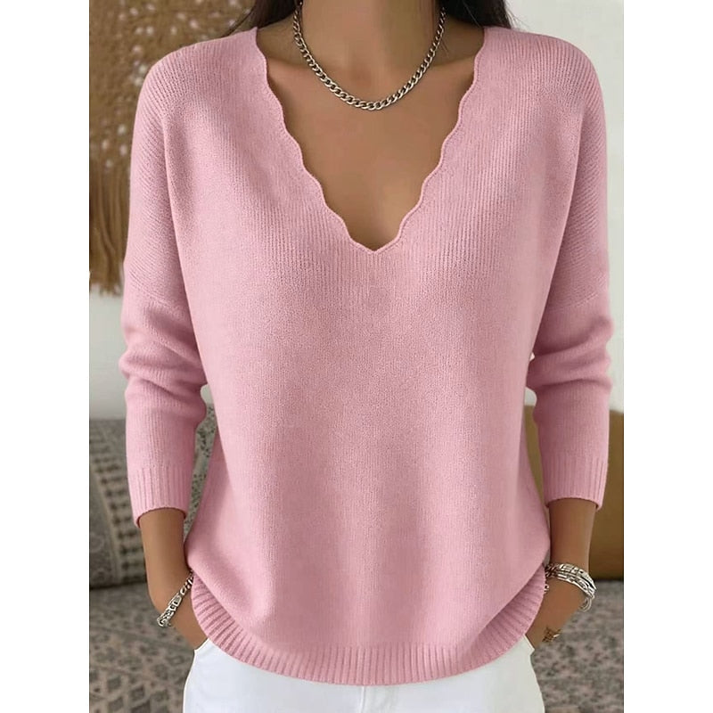 Scalloped V-Neck Halloween Pullover Sweater for Women, Cozy Casual Style