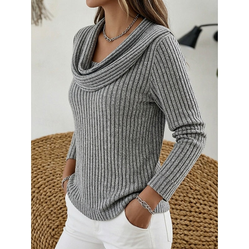 Cowl-Neck Ribbed Knit Top for Women - Casual Wear Sweater
