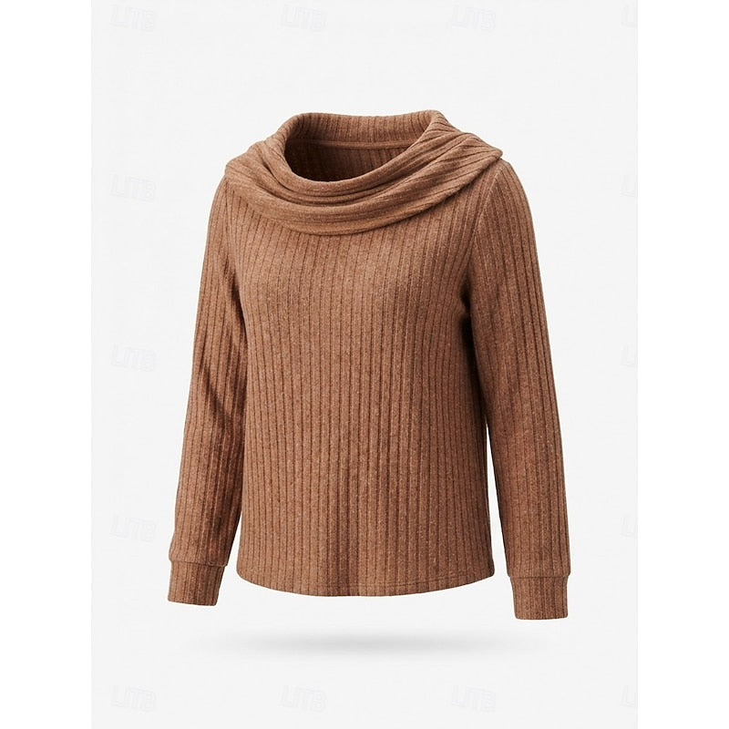 Cowl-Neck Ribbed Knit Top for Women - Casual Wear Sweater