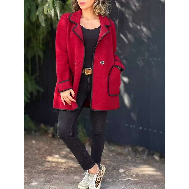 Contrast-Trim Loose Coat for Women | Casual Outerwear in Soft Fabric